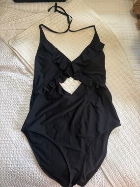 aerie Black Ruffle Cutout One-Piece Swimsuit